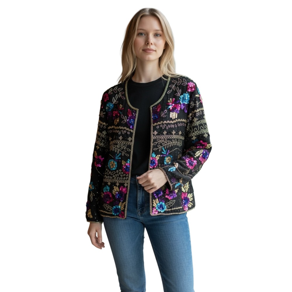 Vintage Beaded Sequin Jacket Womens 1X‎ Black Floral Silk 90s Party Evening